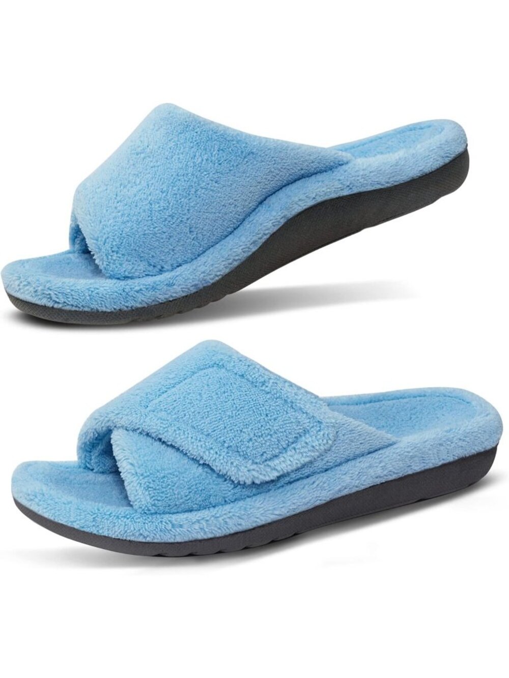 Women's Blue Adjustable Open Toe Orthopedic Arch Support Fuzzy Slippers Slide